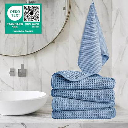 POLYTE 430 GSM Poly Blend Microfiber Quick Dry Waffle Hand Towel, 16x30 in | 4 Pack, Oversize, Lint Free, Quick Dry, Hanging Loop - color: Blue