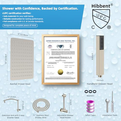 Hibbent All Metal CUPC Certified 10'' Rainfall Shower Head, Dual Shower Head Combo, High Pressure Handheld 4 Sprays Shower Wand, 16'' Adjustable Extension Arm, 71'' Hose, Shower Holder, Brushed Nickel - color: Brushed Nickel, style: Square 10''