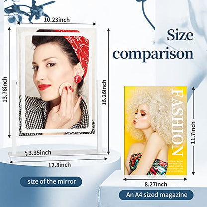 Vanity Mirror with Lights - 13.78"× 10.23" Adjustable Lighted Makeup Mirror for Desk, Detachable 10X Magnification Mirror, Touch Sensor, Desk Mirror for Bedroom & Dressing Room (White)