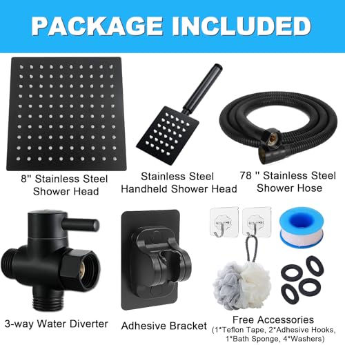 Black Shower Head and Handle Set All Metal, 8'' High Pressure Rain 2 in 1 Showerhead with Handheld Spray Combo with 78" Hose Stainless Steel, Adhesive Showerhead Holder, WOSAISIUS
