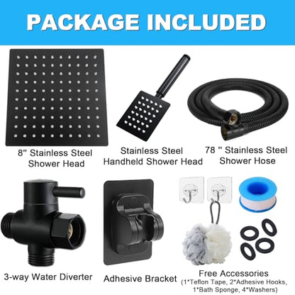 Black Shower Head and Handle Set All Metal, 8'' High Pressure Rain 2 in 1 Showerhead with Handheld Spray Combo with 78" Hose Stainless Steel, Adhesive Showerhead Holder, WOSAISIUS
