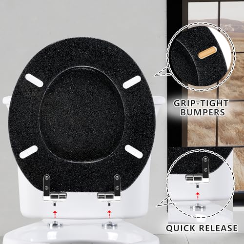 Angol Shiold Glitter Toilet Seat Molded Wood Round Toilet Seat with Quietly Close and Quick Release Hinges, Easy to Install also Easy to Clean (Round 16.5'', Black) - color: Black, size: Round 16.5‘’