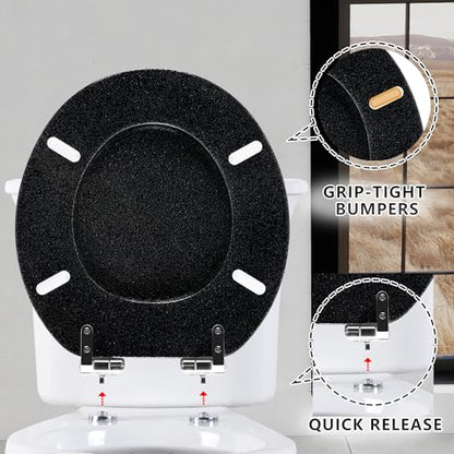 Angol Shiold Glitter Toilet Seat Molded Wood Round Toilet Seat with Quietly Close and Quick Release Hinges, Easy to Install also Easy to Clean (Round 16.5'', Black) - color: Black, size: Round 16.5‘’
