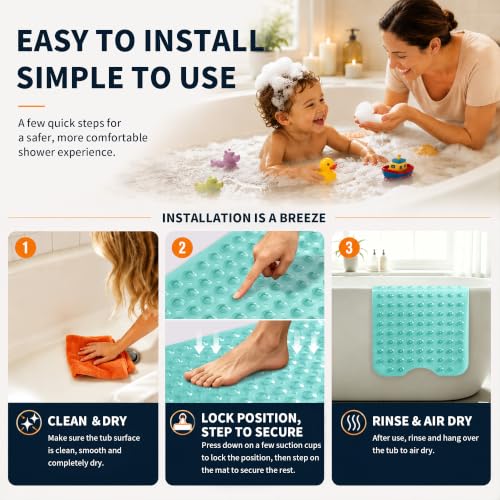 Yimobra Non Slip Bathtub Mat 40 x 16 Inch, Extra Long Shower Mat with Drain Holes, Machine Washable Baby Bath Mats, Strong Suction Cups for Bathroom Floor, Clear Green - color: Clear Green