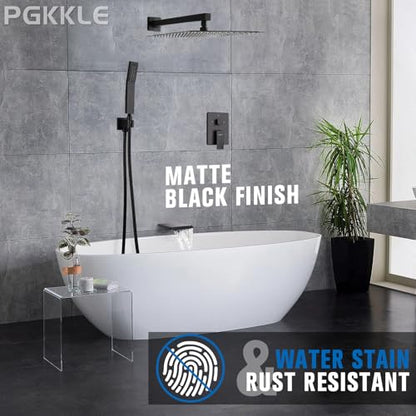 12 Inch Rainfall Shower System with Tub Spout Wall Mounted Complete Combo with Solid Brass Pressure Balancing Valve, High Pressure Shower Head, Handle Set & Installation Accessories Matte Black - color: Black