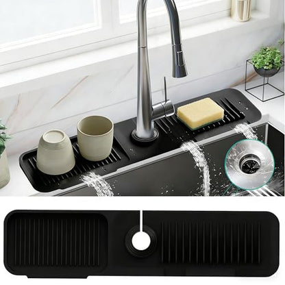24'' Longer Kitchen Faucet Mat, Silicone Sink Splash Guard Drying Mat with 5° Slope & Cuttable Hole, Fast Draining Catcher Tray Dish Soap Sponge Holder for Kitchen Sink (Black, 24"x 5.5")