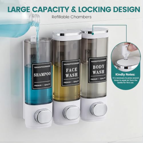 Shower Soap Dispenser 3-Chamber Wall Mount Shampoo Dispenser, White | Latch design No Drill Shampoo and Conditioner Dispenser for Bathroom Hotel, Durable ABS Material Large Capacity - color: 3white