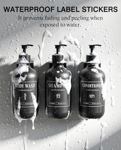 Luxspire 17oz Shampoo and Conditioner Dispenser 3 Sets for Bathroom, Black | Matte PET bottle, no-drill stainless bracket, detachable pump, dual wall/counter install with classification stickers - color: Matte Black