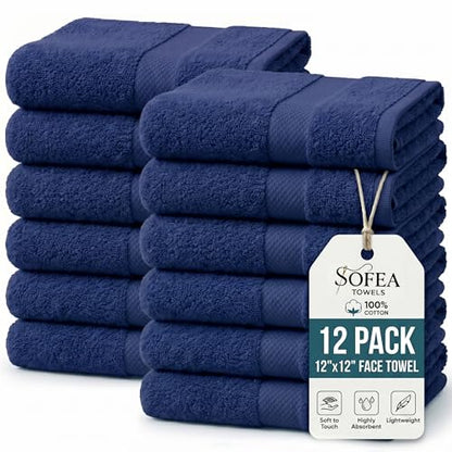 Sofea 100% Cotton Washcloths Set of 12, (12 x 12 Inch) 520 GSM Wash Cloths, Extra Soft Absorbent Quick Dry Face Towels - color: Navy Blue