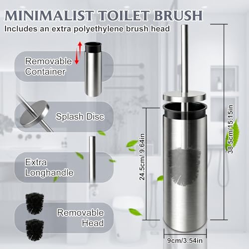 Toilet Brush and Holder Set,Stainless Steel Toilet Bowl Brush and Holder for Bathroom,Hidden Toilet Bowl Brush with 2 Heads,Heavy Duty Cleaner Brush with Removable Inner Bowl and Splash Protection - color: Silver-a2
