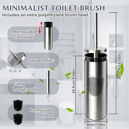 Toilet Brush and Holder Set,Stainless Steel Toilet Bowl Brush and Holder for Bathroom,Hidden Toilet Bowl Brush with 2 Heads,Heavy Duty Cleaner Brush with Removable Inner Bowl and Splash Protection - color: Silver-a2