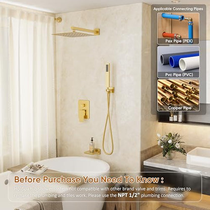 Gold Tub Shower System with 10" Rain Head, Handheld & Valve Kit | All-Metal Tub Shower Faucet Set, Wall Mounted Rain Showerhead, Handheld Spray, Includes Valve and Trim Kit, Brushed Gold - color: Brushed Gold 10