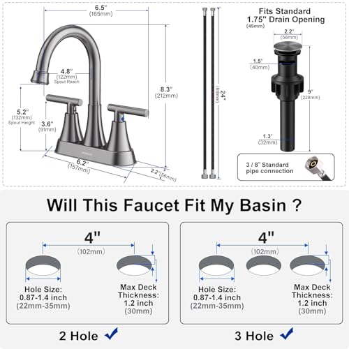 Bathroom Faucet, Hurran 4 inch Centerset 2-Handle Lead-Free, Brushed Grey | Bathroom Sink Faucet with Pop-up Drain and Supply Lines, Stainless Steel Faucet for Vanity RV Restroom Laundry Outdoor Sink - color: Brushed Grey