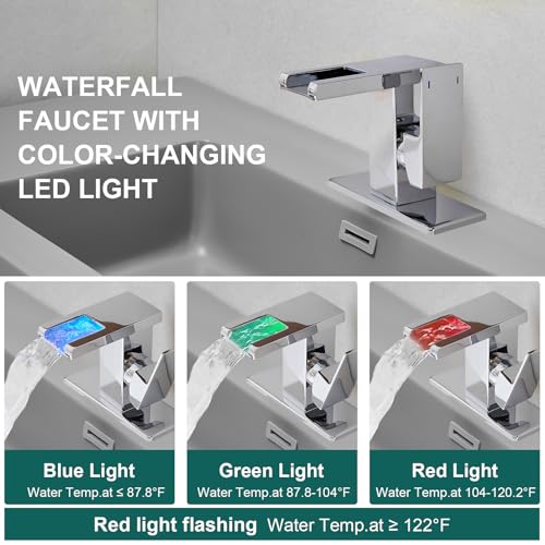 Hoimpro LED Bathroom Faucet, Single Handle Sink Faucets Polished Chrome | Waterfall Widespread Faucet, 3 Colors Light Changing, with Pop-up Drain & cUPC Supply Lines, for Sink Vanity RV Restroom - color: Polished Chrome