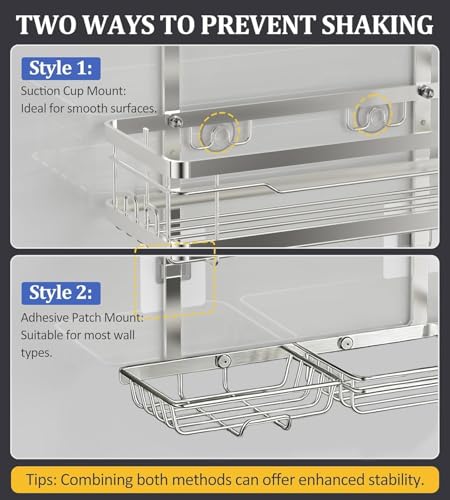 OMAIRA Shower Caddy Hanging with Soap Scrub Holder, Stainless Steel Adjustable No Drilling Non-Slip Large Capacity Sturdy Over Shower Head Shower Organizer Inside Shelves Bathroom Storage Rack, Silver - color: Silver