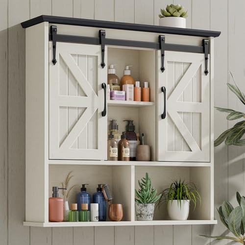 Vabches Bathroom Wall Cabinet, Farmhouse Medicine Cabinet, White and Black | Vabches Wooden Vintage Storage Cabinet Wall Mounted with Double Sliding Barn Door and Adjustable Shelf for Bathroom, Kitchen - color: White and Black, style: Sliding Doors