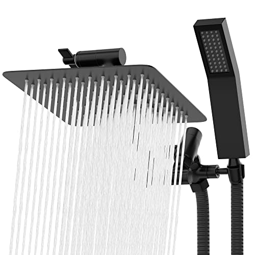 All Metal Shower Head 8" Dual Square Shower Head With Handheld Wand 71in Hose Set, High Pressure Rain Shower Heads Combo, 3-Way Diverter Rainfall Showerhead with Adjustable Extension Arm - color: Matte Black, size: 8 Inches, 1.8 GPM
