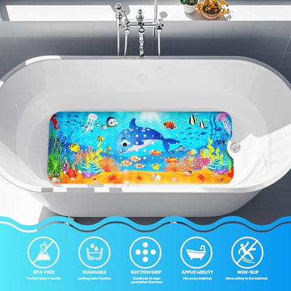 Baby Bath Tub Mat, 40 x 16 Inch Extra Large Non Slip Kids Cartoon Bathtub Shower Mats with Suction Cups & Drain Holes, Machine Washable for Bathroom, Undersea Dolphin - color: Undersea-dolphin