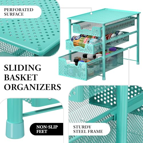 Simple Houseware Stackable 3 Tier Sliding Basket Organizer Drawer, Turquoise (Pack of 2) - color: Turquoise, size: 3-Tier (Pack of 2)
