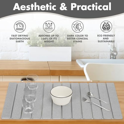 Extra Large Stone Dish Drying Mat for Kitchen Counter, 28"×16" Eco-friendly,Instant Drying Pad,Diatomaceous Earth Water Absorbing Mat, Foldable and Super Absorbent Dish Drying Stone Mat, Light Gray - color: Light Gray
