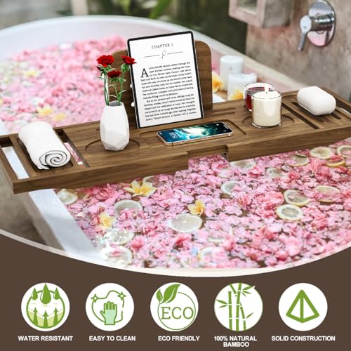 Premium Teak Bathtub Tray Caddy, Expandable Wooden Bath Tray for Bathub, Luxury Bathtub & Bathroom Accessories, Great House Warming, Anniversary & Wedding and Birthday Gifts - color: Premium Teak