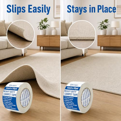 Heavy Duty Carpet Tape 4 Inch x 30 Yards, Extra Wide Double Sided Rug Gripper for Hardwood Floors, Strong Adhesive Non-Slip Tape for Area Rugs, Runners & Mats, High Tack & Durable Hold