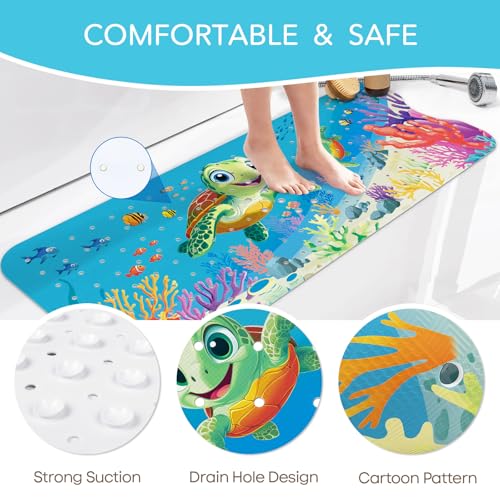 SHUCHING Baby Bath Mat for Tub Non Slip-40x16 Inch, Sea Turtle | Bathtub Mat for Kids & Toddler Mold Free, Long Shower Mat for Inside Shower with Suction Cup, Machine Washable - color: Sea Turtle