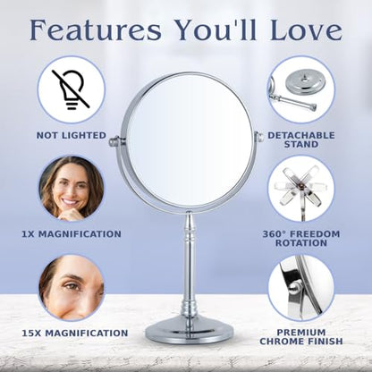 15X Magnifying Makeup Mirror with Stand - Double-Sided 15X/1X Design - Suitable for Vanity Desk, Dressing Table, or Bathroom Countertop for Precise Make Up - 12" High x 6" Wide (Chrome)