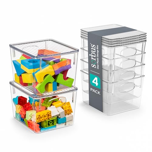 Sorbus Medium Plastic Storage Bins with Lids, Stackable Toy, Clothes, Medicine, Makeup, Closet, Art Supply, Bathroom, Shoe, Toy Organizer (4 Pack) - size: Medium, style: 4 Pack