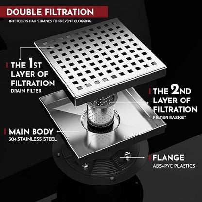 6 Inch Square Shower Drain Brushed Floor Drain with Flange Square Holes Pattern Cover Grate Removable SUS304 Stainless Steel Watermark&CUPC Certified Brushed - color: Brushed, size: 6 Inch