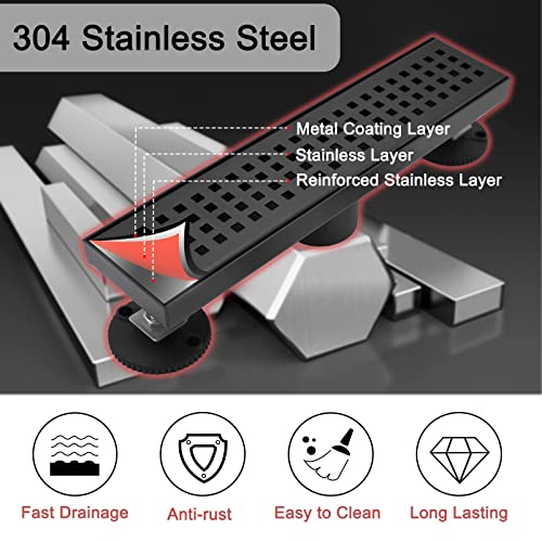 12 Inch Linear Shower Drain with Accessories, Rectangular Floor Drain 304 Stainless Steel Quadrato Pattern Removable Cover Matte Black - size: 12 Inch