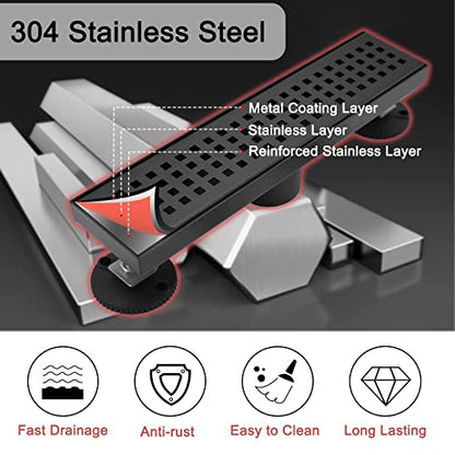 12 Inch Linear Shower Drain with Accessories, Rectangular Floor Drain 304 Stainless Steel Quadrato Pattern Removable Cover Matte Black - size: 12 Inch