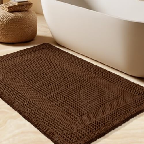Waffle Bath Mat, Boho Woven Modern Bath Rug Absorbent Non Slip, Ultra Soft Bathroom Mats, Machine Washable Knit Bath Rugs with Tassels for Bathroom, Bedroom, Kitchen, Shower, Tub, 36"x24", Brown - color: Brown-looped, size: 2' x 3' (Rectangular)