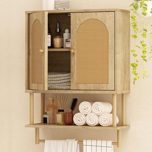 RUSTOWN Rattan Bathroom Wall Cabinet, Modern Boho Medicine Cabinets, Medium | 2 Arched Rattan Doors, Adjustable Shelf, Towel Bar Rack, Over The Toilet Storage Cabinet for Bathroom, Living Room, Kitchen - size: Medium