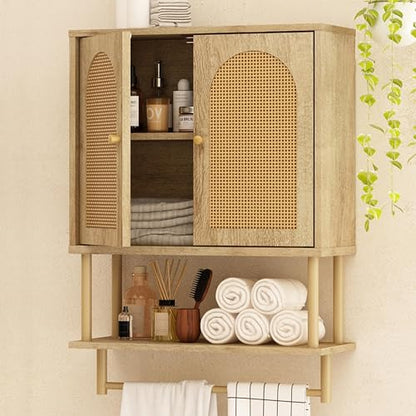 RUSTOWN Rattan Bathroom Wall Cabinet, Modern Boho Medicine Cabinets, Medium | 2 Arched Rattan Doors, Adjustable Shelf, Towel Bar Rack, Over The Toilet Storage Cabinet for Bathroom, Living Room, Kitchen - size: Medium