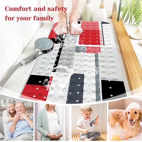 Red Black Bath Tub Mat Non Slip, Modern Geometric Large Washable Shower Mats with Drain Holes and Suction Cups,40 X 16 Inch - color: Red Black