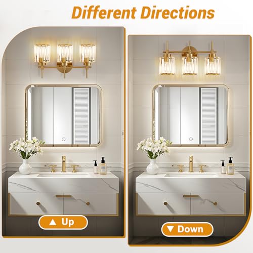 EJIAXIN Bathroom Lighting Fixtures, 3 Light Gold Bathroom Light Fixtures with Clear Shades Modern Crystal Vanity Light Bath Room Vanity Lighting Over Mirror Wall Light - color: Gold 3 Light, size: 3 Light