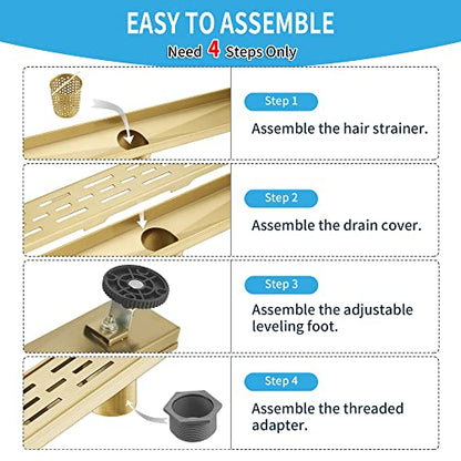 Linear Shower Drain, Brushed Gold Shower Drain 24 Inch with Removable Grate, SUS-304 Stainless Steel Rectangle Floor Drain with Leveling Feet and Hair Strainer, Bathroom Modern Drain SD-101 - color: Brushed Gold, size: 24 Inch