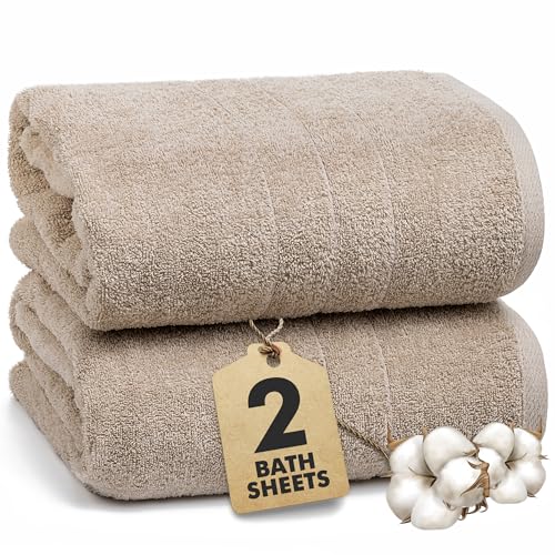 Bath Sheets – 550 GSM Extra Large Bathroom Sheet Set – Pack of 2 Jumbo Towels Beige (71x35in) – 100% Ring Spun Cotton Soft Quick Dry Large Bath Towels for Adults Hotel Spa Bathroom Use - color: Beige, size: Bath Sheets