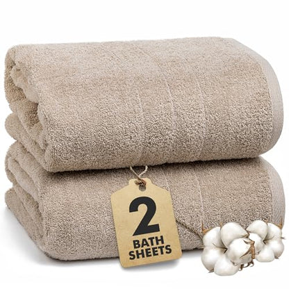 Bath Sheets – 550 GSM Extra Large Bathroom Sheet Set – Pack of 2 Jumbo Towels Beige (71x35in) – 100% Ring Spun Cotton Soft Quick Dry Large Bath Towels for Adults Hotel Spa Bathroom Use - color: Beige, size: Bath Sheets