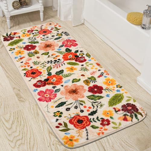 Floral Bathroom Rugs Large Long Bath Mat, Washable Bathroom Runner Rugs 24 x 60 Non Slip, Cute Flower Rug for Bathtub Floor - color: Beige, size: 2' x 5' (Runner)