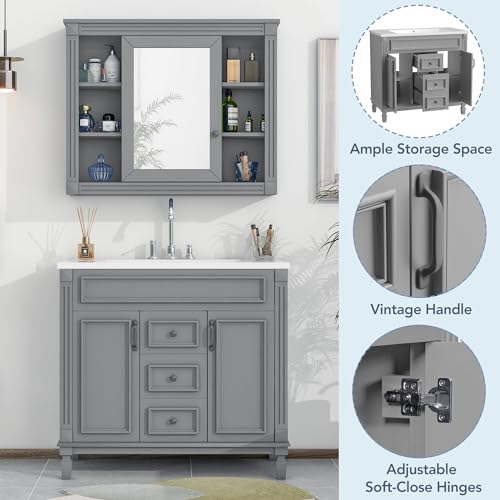 Merax 36" Bathroom Vanity with Sink, 2 Doors & 2 Drawers Storage Cabinet | Freestanding Single Bathroom Sink Vanity Cabinet Set with 36" Ceramic Sink (Sink Cabinet Only, Gray) - color: Grey, style: Sink Cabinet Only