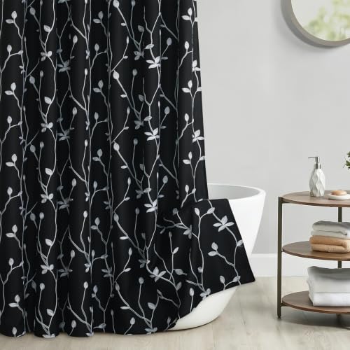 Embroidered Leaf Farmhouse Shower Curtain,Faux Linen,72Wx72L,Black | Boho Modern Shower Curtain Set, Washable & Waterproof Fabric, Floral Shower Curtains for Bathroom with Hooks - color: Black