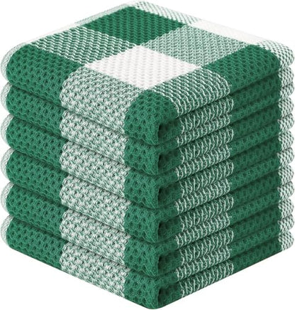 Homaxy 100% Cotton Waffle Weave 6 Pack Dish Cloths, 12" x 12" | White & Dark Green, Waffle Weave, Plaid, Super Soft and Absorbent Dish Rags, Quick Drying - color: White & Dark Green, size: 12 x 12 - 6 Pack