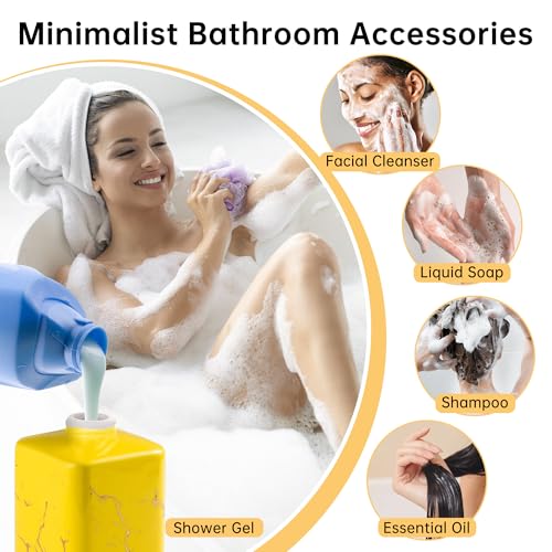 Gold Soap Dispenser for Bathroom Countertop, Square Yellow Dish Soap Dispenser Pump Bottle with Golden Stripes for Kitchen Sink Laundry Shower Lotion, Ceramic Hand Dispenser Pump for Soap Liquid - color: Yellow