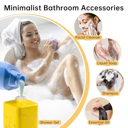 Gold Soap Dispenser for Bathroom Countertop, Square Yellow Dish Soap Dispenser Pump Bottle with Golden Stripes for Kitchen Sink Laundry Shower Lotion, Ceramic Hand Dispenser Pump for Soap Liquid - color: Yellow