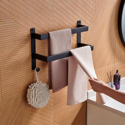 16 Inch Double Towel Bar with Hooks Matte Black, Stainless Steel Bath Shower Towel Rack Wall Mounted Towel Rod Holder for Bathroom - color: Matte Black, size: 16-Inch