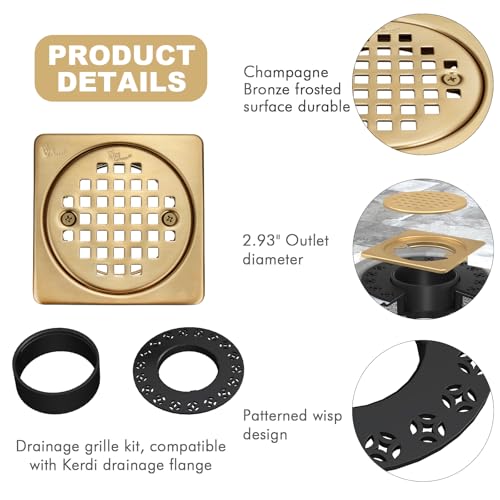 Champagne Bronze 4 inch Square Floor Drain Grate Kit with Adjustable Collar | Compatible with Schluter Kerdi Drain Flange, SUS304 Stainless Steel Removable Square Floor Drain with ABS Flange - color: Champagne Bronze