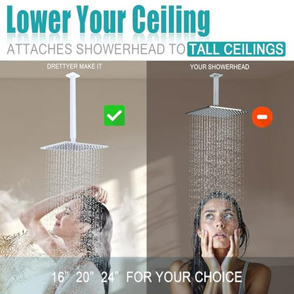 Chrome Shower Arm with Flange and Teflon Tape for High Ceiling or Fixed Rain Showerhead, Universal Connection 16-inch Square Straight Shower Head Extender Extension Pipe, 304 Stainless Steel - color: Chrome, style: 16inch