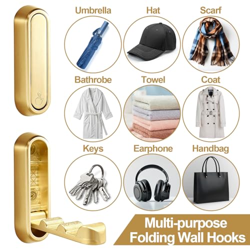 6 Pack Folding Wall Hooks – Heavy Duty Gold Coat Hooks, Foldable Zinc Alloy Wall Mount Hooks for Hanging Coats, Hats, Towels, Bags, Keys, Robes, Christmas Socks & Wreaths – Holds up to 55 lbs - color: Gold 6 Pack